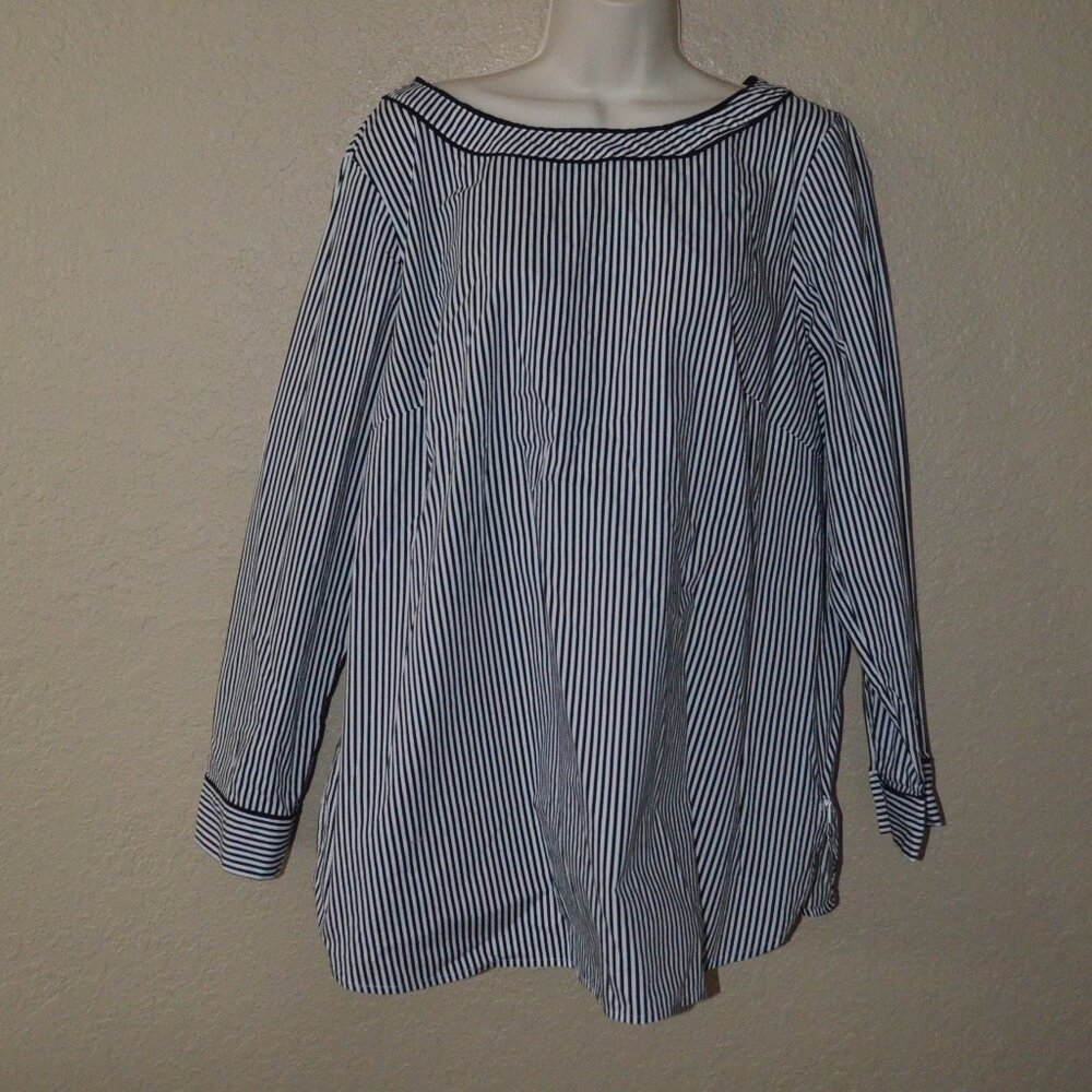 NWOT Sz 1X Talbots Black White Piped Poplin Striped Tunic Blouse Top